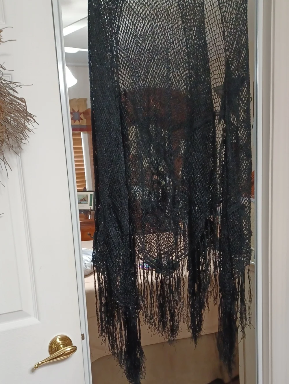 Coldwater Creek Black Open-Weave Fringe Wrap